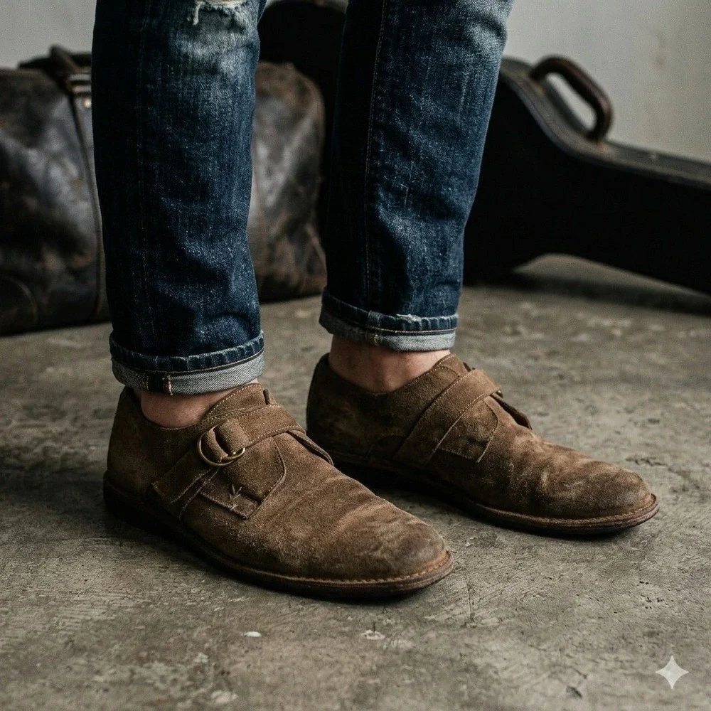 John Varvatos Monk Strap Loafers Mens 11.5 Tan Suede Shoes Made in Italy‎